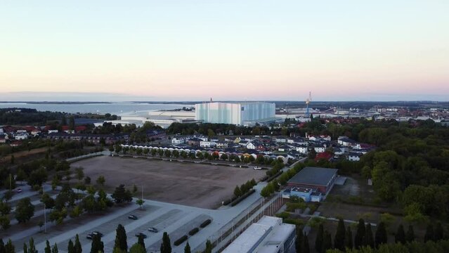 shipyard building. Wonderful aerial view flight drone Wismar buga Area