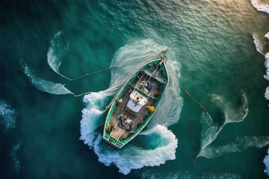 Aerial view of fishing boat casting a net for catching fishes. Generative AI.