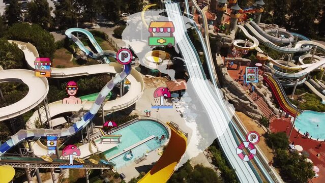 Top view of water park. Aqua park and swimming pools . View from above. High quality 4k footage