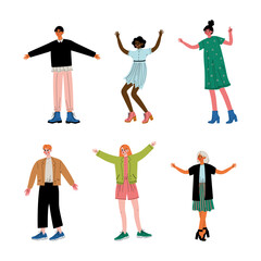 Young people standing with wide open arms set. Guys and girls in modern casual clothes spreading and raising their arms cartoon vector illustration
