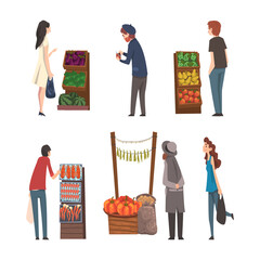 Fototapeta People buying eco products at street market stalls and wooden crates set. Outdoor local fair, farmers market cartoon vector illustration obraz