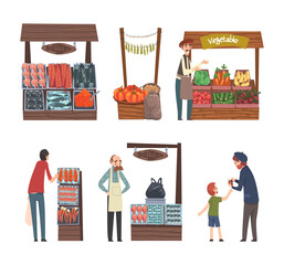 Fototapeta Natural eco products at street market stalls and set. People selling and buying vegetables and seafood at outdoor local fair, farmers market cartoon vector obraz
