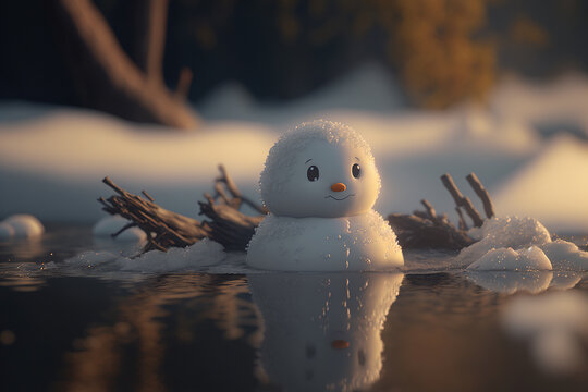 Melted cute snowman in puddle. Generative AI.