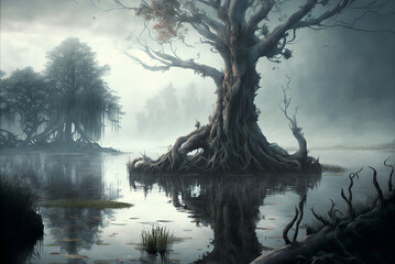 Fantasy marsh or swamp scene AI Generative