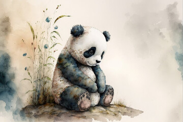 Baby Panda Sitting, Watercolor, Generative Ai