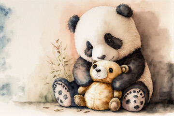 Baby Panda Sitting with Teddy Bear, Watercolor, Generative Ai