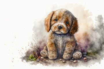 Cute Little Puppy Dog, Watercolor, Generative Ai