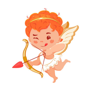 Red-haired Cupid with bow and arrow. Cherub boy with diadem on white background. Vector illustration for valentine s day
