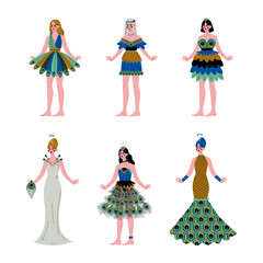 Set of beautiful young women wearing elegant peacock dress cartoon vector illustration