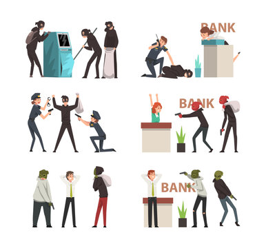 Masked robbers robbing bank set. Policemen in uniform, arresting bank robbers cartoon vector illustration