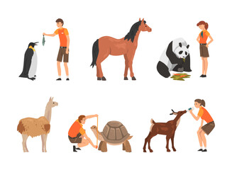 Obraz na płótnie Canvas Professional zoo workers caring of animals in zoo set. Veterinarian in feeding and curing alpaca, panda, horse, penguin, turtle, fawn cartoon vector illustration