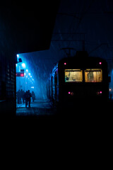 train in the night rainy cyberpunk night