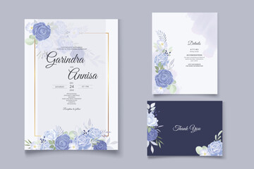 Naklejka na ściany i meble Elegant wedding invitation card with beautiful navy blue floral and leaves template Premium Vector