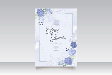  Elegant wedding invitation card with beautiful navy blue  floral and leaves template Premium Vector