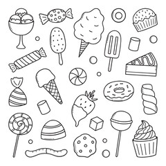 Sweets and candies doodle set. Desserts in sketch style.  Hand drawn vector illustration isolated on white background