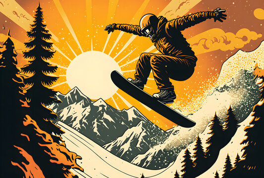Illustration Winter Sport, Snowboard and Skii, Generative AI