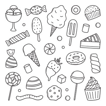 Sweets and candies doodle set. Desserts in sketch style.  Hand drawn vector illustration isolated on white background