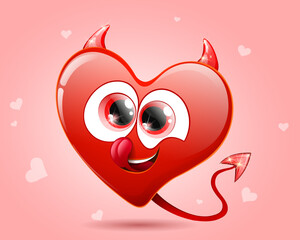 Funny heart devil cartoon character with horns, tail, smiling and licking lips. Valentine's day concept