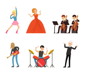 Fototapeta na wymiar People playing musical instruments and singing set. Musicians playing classic and rock music at concert cartoon vector illustration