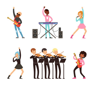 Children playing musical instruments and singing set. Musicians playing classic and rock music at concert cartoon vector illustration