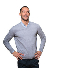 Happy young man posing against background