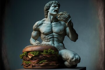 Fototapeta na wymiar Antique statue eating hamburger, concept of Body Positivity, created with Generative AI technology