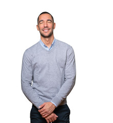 Happy young man laughing against background