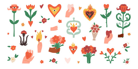 Valentine's Day retro-style clipart. Decorated hearts, a bunch of flowers, a hand holding the bouquet, a flaming match.