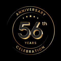 56th Anniversary. Anniversary logo design with gold color ring and text for anniversary celebration events. Logo Vector Template