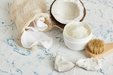 skin care, natural cosmetics concept, coconut oil and face mask, skin peeling, moisturizing