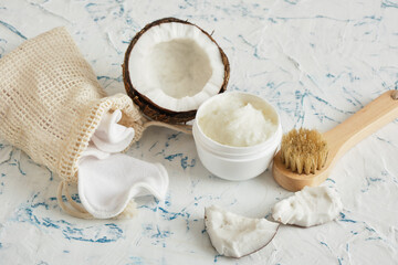 skin care, natural cosmetics concept, coconut oil and face mask, skin peeling, moisturizing