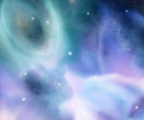 Cosmic background with a green purple nebula and stars