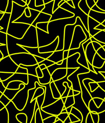 Abstract doodle drawing with yellow lines on a black background.Seamless pattern.	