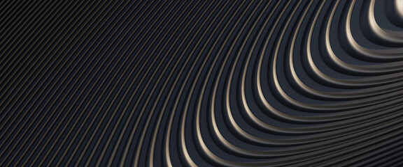 Black metal texture steel pattern. Grey line curve design on abstract black background. Dark horizontal template or banner, business backdrop. Abstract background with soft waves. 3D illustration