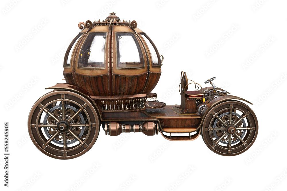 Poster steampunk concept motor car with pumpkin shaped carriage. isolated 3d rendering.