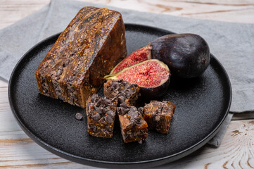 Dark dried figs bread with chocolate, sweet dessert, pairing with Dutch old cheeses