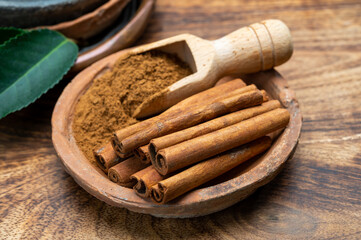Indian spices collection, dried aromatic cinnamon barks and another spices in clay bowls