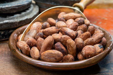 Cocoa or cacao beans, used in hot chocolate drink, chocolate, butter and solids