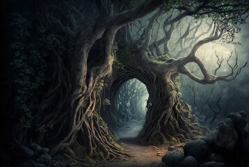 Fototapeta na wymiar Fantasy forest old gnarled trees and path scene AI Generative 