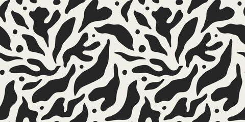 Abstract black and white leaf shape seamless pattern. Trendy contemporary nature art cutout background illustration. Natural organic plant leaves artwork wallpaper print. Vintage summer texture.