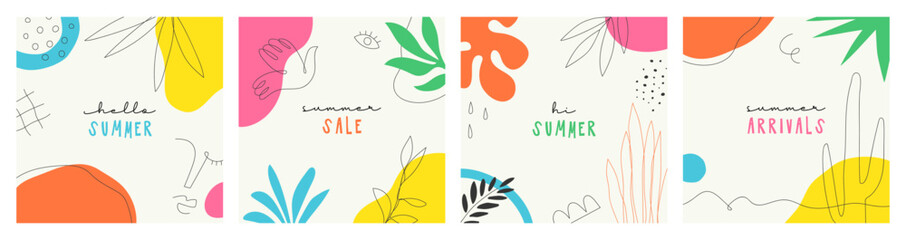 Hello summer abstract sale template set. Colorful organic nature shapes in hand drawn style for internet business discount, season promotion or social media post. 