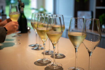 Tasting of brut and reserve champagne sparkling wine produced by traditional method in underground caves in Champagne, France