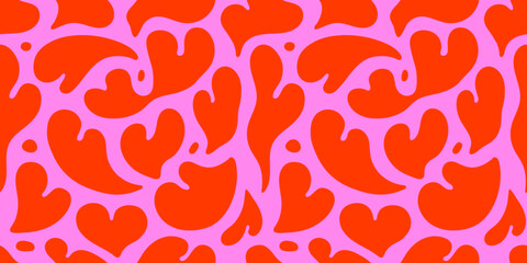 Melting red love heart seamless pattern illustration. Retro psychedelic romantic background print. Valentine's day holiday backdrop texture, liquid romantic shape wedding wallpaper design.