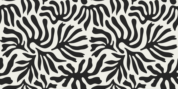 Abstract Black And White Leaf Shape Seamless Pattern. Trendy Contemporary Nature Art Cutout Background Illustration. Natural Organic Plant Leaves Artwork Wallpaper Print. Vintage Summer Texture.