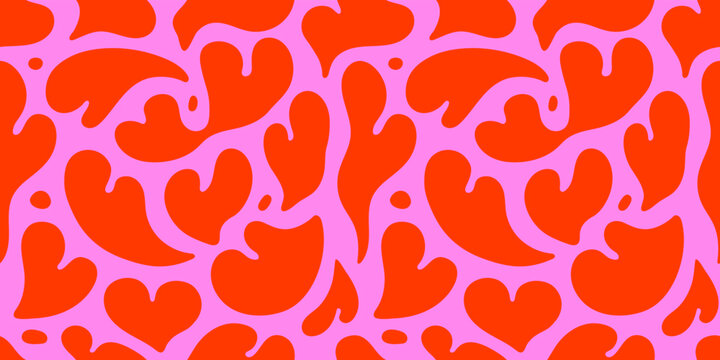 Naklejki Melting red love heart seamless pattern illustration. Retro psychedelic romantic background print. Valentine's day holiday backdrop texture, liquid romantic shape wedding wallpaper design.