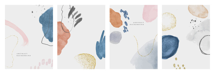 Abstract organic watercolor painting background set. Modern minimalist acrylic paint artwork poster collection. Handmade geometric shapes drawing  bundle, creative brush texture banner.