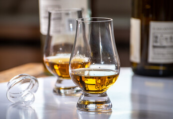 Tasting of whiskey, tulip-shaped tasting glasses with dram of Scotch single malt or blended whisky on white table