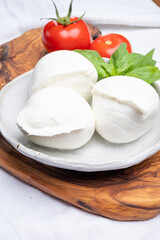 Fototapeta na wymiar White balls of Italian soft cheese Mozzarella di Bufala Campana served with fresh green basil and red tomato
