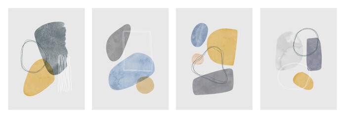 Abstract organic watercolor painting background set. Modern minimalist acrylic paint artwork poster collection. Handmade geometric shapes drawing  bundle, creative brush texture banner.