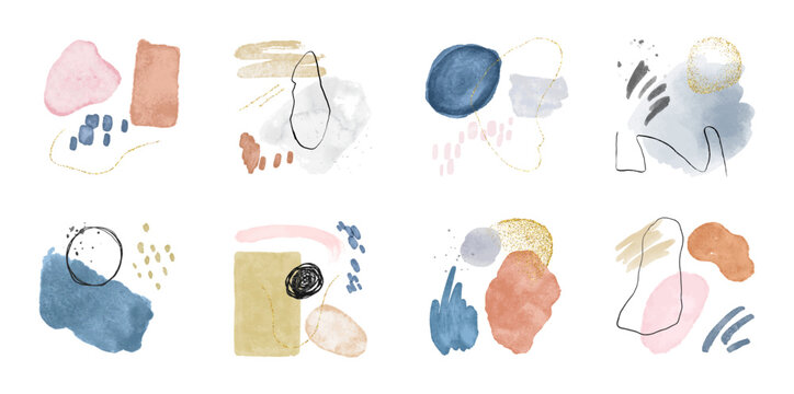 Abstract organic watercolor painting shape set. Modern minimalist acrylic paint artwork poster collection. Handmade geometric shapes drawing  bundle, creative brush texture banner.